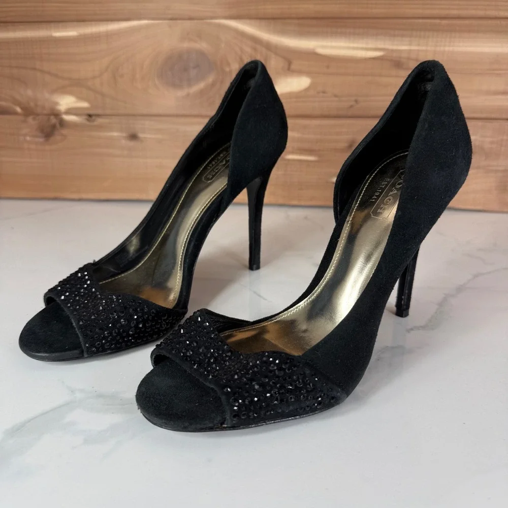 Coach Black Suede Rhinestone Peep Toe Pumps d'Orsay Stiletto Heels‎ Womens 6B